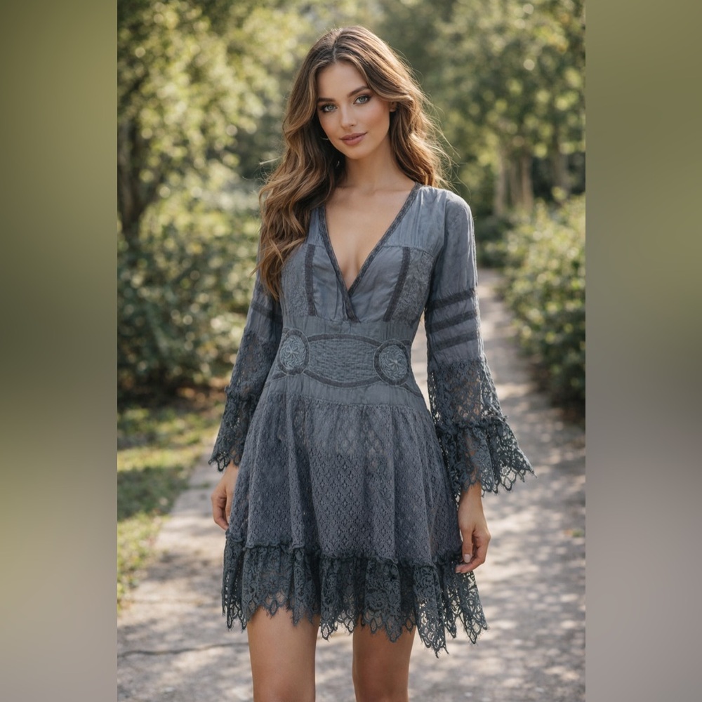 Indigo Thread Elegant Blue Lace Dress Size M